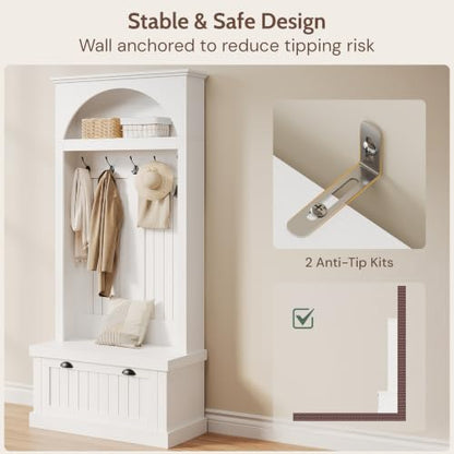 Hall Tree with Bench and Shoe Storage, Farmhouse Entryway Coat Rack with Arched Top Shelf, 5 Hooks, Flip-Down Shoe Cabinet, Beadboard Paneling, Anti-Tip Device, White, 32.7" x 15.8" x 76.8"