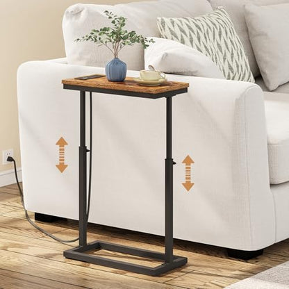 TUTOTAK End Table with Charging Station, Side Table, Tall Couch Table | Sofa Table, for living Room, Bedroom, Brown TB01BB084 - color: Brown, size: 1 Pack, style: With Plug