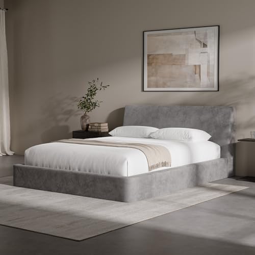RECCI AirFrame King Upholstered Bed Frame with Ergonomic Angled Headboard | Ergonomic Angled Headboard, 360° Soft Foam Surround, Low Profile Cloud Bed Frame, No Box Spring Required, Easy Assembly - color: Moon Grey, size: King