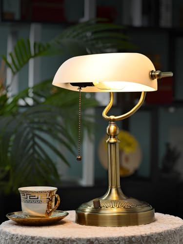 White Matted Stepless Dimmable Glass Bankers Desk Lamp | Table Lamp Plug in Fixture for Study Home Office Library, LED Bulb Included - color: White