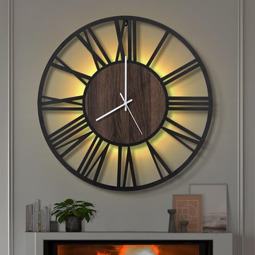 LEIKE Large LED Wall Clocks,Silent,Non Ticking,Battery Operated Rustic Round Modern Big Wood Wall Clock for Living Room, Bedroom,Kitchen,Farmhouse,Office,Home Decor -24" Black,LED,Roman Number - color: Led-black Wood-roman Number, size: 24 IN