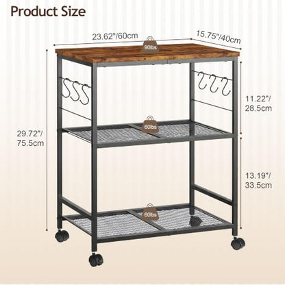 3-Tier Rolling Kitchen Microwave Cart with Storage, Mobile Kitchen Utility Cart with 2 Lockable Wheels, Coffee Bar Table Station with 6 S-Shaped Hooks for Kitchen Island, Living Room, Rustic Brown