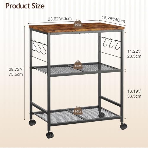 3-Tier Rolling Kitchen Microwave Cart with Storage, Mobile Kitchen Utility Cart with 2 Lockable Wheels, Coffee Bar Table Station with 6 S-Shaped Hooks for Kitchen Island, Living Room, Rustic Brown