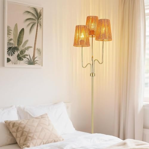 MAYNA 3-Light Gold Boho Floor Lamp with Handwoven Rattan Shades | Adjustable Swiveling Arms, Foot Switch Standinmg Floor Lamp for Living Room & Bedroom, 3 LED Bulbs Included - color: Gold 3 Lights