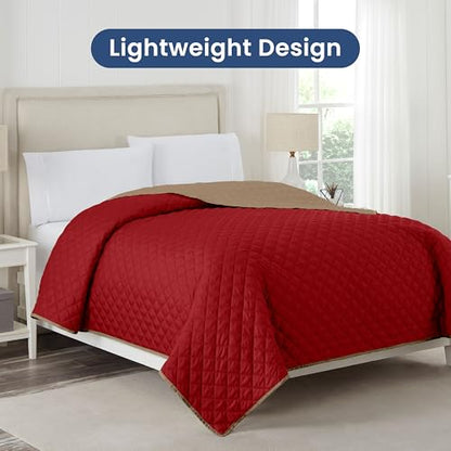 Martex Reversible Coverlet – Full Queen Size Quilt - Lightweight Full Size Bedding– Durable Queen Size Quilts for Bed – Soft - Easy Care Bedding – Khaki/Red - color: Khaki/Red, size: Full/Queen
