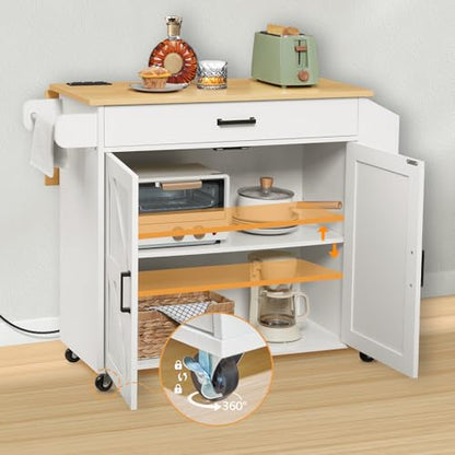 HOOBRO Kitchen Island with Drop Leaf Countertop & Power Outlet, Rolling Island Cart on Wheels, Kitchen Cart with Drawer & Spice Rack, Mobile Island Table for Kitchen, White and Natural WN86UZD01 - color: Natural + White