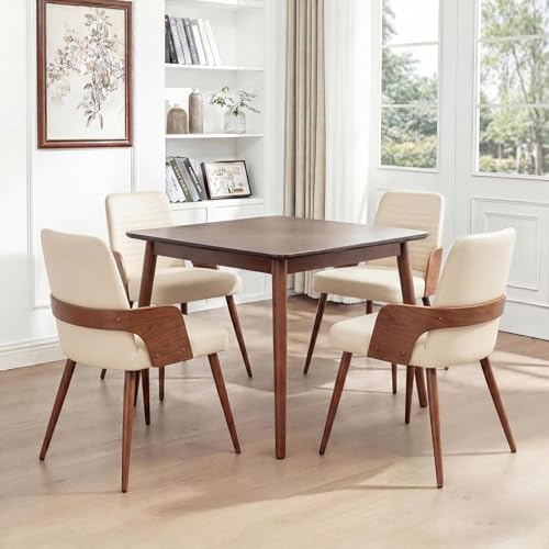 Dining Room Chairs Set of 4 Mid Century Modern Kitchen Chair,Upholstered Beige PU Faux Leather Accent Chairs,Metal Legs Wooden Desk Chair,Armless and No Wheels for Kitchen Dining - color: Beige Pu, size: Set of 4