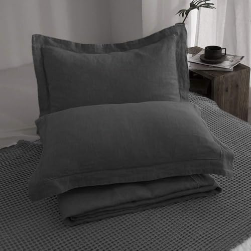 Simple&Opulence 100% Linen Duvet Cover Set with Embroidery Border Washed - 2 Pieces (1 Duvet Cover & 1 Pillow Sham) with Button Closure Soft Breathable Farmhouse - Dark Grey, Twin Size - color: Dark Grey, size: Twin