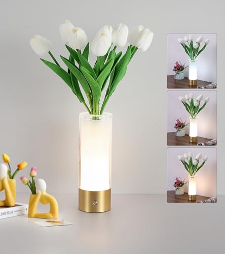 AIHYING Flower Night Light,Touch Vase Lamp,Rechargeable Cordless Table Lamp,Dimming Small Mood Lighting for Dining Table/Bed Room/Bathroom/Closet,Gifts for Women/Mom, Artificial Tulips Included - color: Tulips