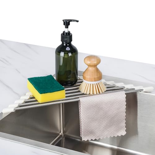Tomorotec Triangle Roll-Up Dish Drying Rack Sink Corner Small Foldable Stainless Steel Over The Sink Multipurpose Kitchen Drainer Caddy Organizer Storage Shelf Holder (Coconut Milk White) | BPA-Free Food-Grade Silicone Edges Foldable Waterproof Rustproof