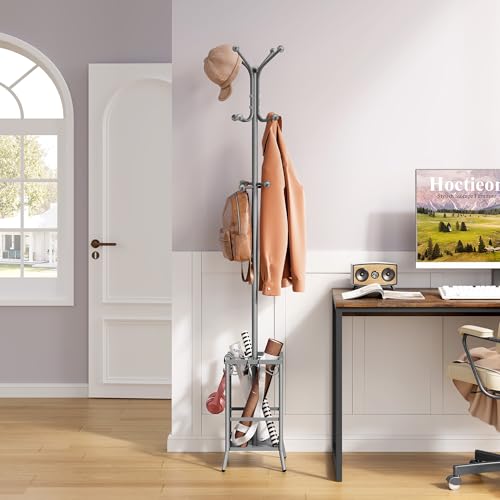 Hoctieon Coat Rack Freestanding, Coat Tree with Umbrella Holder | Metal Coat Rack Stand with 12 Hooks, Standing Coat Hanger Stand, Umbrella Stand for Entryway, Hat Rack Stand for Home Office - color: Gray