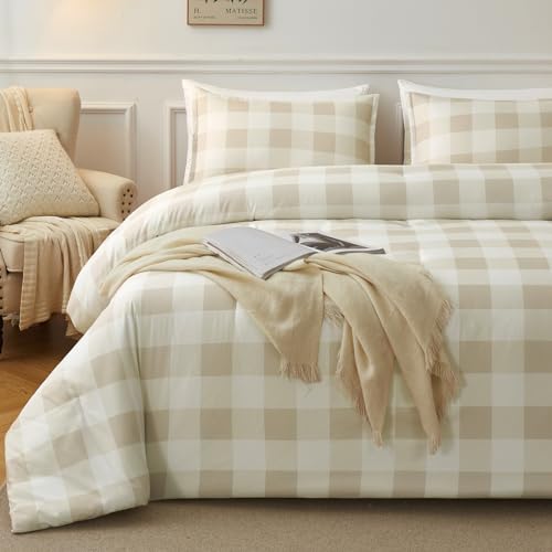 Beige Grid Comforter Set, 2 Pieces Twin Gingham Bedding Set | Plaid Comforter for Boys Girls Teen Dorm, Lightweight Reversible Checkered Bed Set With Comforter & Pillowcase, All Season - color: Beige, size: Twin (66*90 in)