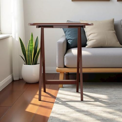 Furnifact Walnut Snack Table Set – Folding TV Trays with Stand for Dining, Working, and Serving – Space-Saving Table Trays for Any Living Room