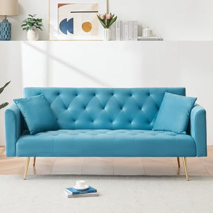 71" Modern Velvet Sofa Bed Futon, Convertible Sleeper Couch, Adj. Backrest | Tufted Recliner Loveseat Design with Golden Chrome Legs & 2 Pillows, Perfect for Small Spaces, Living Room, Apartment - color: Light Blue