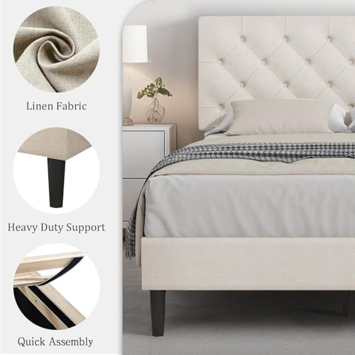 HOMBCK Full Bed Frame with Headboard, Linen Fabric Upholstered Bed Frame Full, White Bed Frame with Wood Slats, Button Tufted, No Box Spring Needed, White - color: White, size: Full