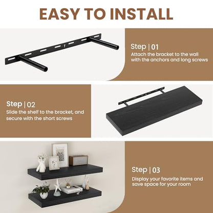 Fun Memories 9 Inch Deep Black Floating Shelves, Farmhouse Rustic Natural Wood Floating Shelf Wall Mounted, 30 x 9 Wall Shelves Set of 2, Deep Black Bathroom Shelves - color: Black, size: 30"W x 9.3"D