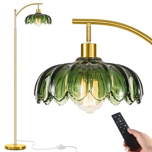 gernehop Gold Floor Lamp for Living Room with Remote Control,Unique Vintage Standing Tall Lamp,Mid Century Modern Floor Lamps Arc Green Glass Floor Lamps for Office Corner - color: Green & Remote