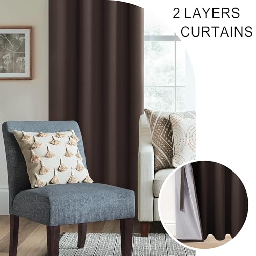 XWZO 100% Blackout Window Curtains - Thermal Insulated & Completely Room Darkening with Black Liner Window Treatment for Narrow Window, Tiebacks Included, Brown, W38 x L45, Set of 2 Panels - color: Brown, size: 38"W x 45"L (Pack of 2)