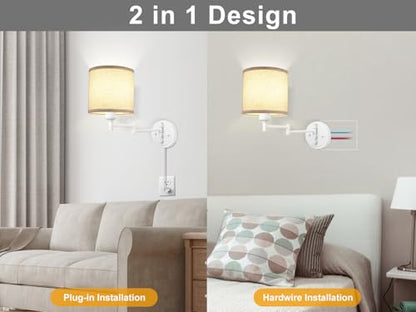 GOODATE Plug in Wall Sconces with Remote Control, Dimming, Adjustable Colors 2700K-6500K, Hardwire or Plug-in, Swing Arm Wall Lamp with Linen Fabric Shade, Wall Sconces Set of Two, White Finish - color: White & Linen