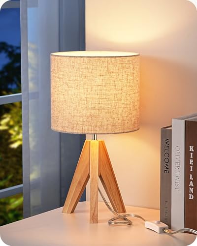 EDISHINE Small Table Lamp, Boho Bedside Lamp, Linen Fabric Shade, 14.2 Inch | ON/Off Switch, Wood Tripod Base, E26 Socket, Boho Nightstand Lamp for Living Room, End Table, Office - color: Natural Wood&Beige Shade