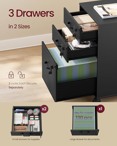 VASAGLE 3-Drawer Mobile File Cabinet, Home Office, Locking, Printer Stand | Highlight: Small Rolling, A4, Letter-Size Hanging File Folders, Ink Black, CUSTOS Collection UOFC084BC01SV1 - color: Ink Black, size: 3 Drawers with Lock