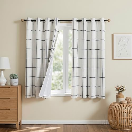 MYSKY HOME 100% Blackout Plaid Linen Farmhouse Curtains 72 Inch Long 2 Panels Double Layer Thermal Insulated Black Out Checkered Patterned Window Treatment for Living Room, 2 Pcs, 52" Wide, Black - color: Black, size: 52"W x 72"L (Pack of 2)