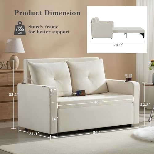 Krcix 3 in 1 Pull Out Couch, 56" Velvet Sofa Bed, Convertible Sleeper Sofa | Loveseat Sleeper for Living Room, Small Space-Saving, Family Couch Bed with USB, Cup Holder, Beige White - color: Beige White
