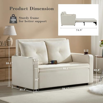 Krcix 3 in 1 Pull Out Couch, 56" Velvet Sofa Bed, Convertible Sleeper Sofa | Loveseat Sleeper for Living Room, Small Space-Saving, Family Couch Bed with USB, Cup Holder, Beige White - color: Beige White