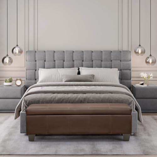 51 Inch Storage Ottoman, Storage Bench with Safety Hinge, Upholstered Synthetic Leather Ottoman Bench for Bedroom, Living Room, Entryway, Hallway, Foot Rest, Support 500lbs, Brown - color: Brown, size: 51 inch