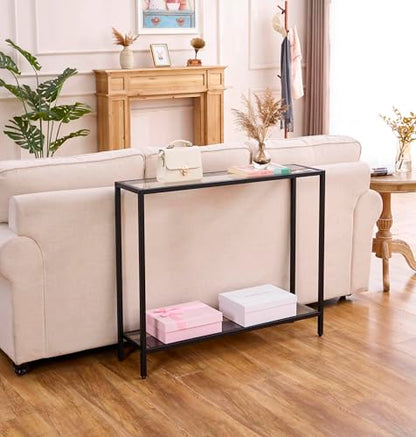Small Modern Console Table for Entryway, Tempered Glass with Metal Frame Sofa Table for Living Room, Hallway, Office (Double-Layer, Black) - color: Black, style: Double-layer