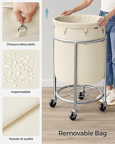 SONGMICS Laundry Basket, Rolling Steel Frame with 2 Locking Wheels, 110 L | Heavy-Duty Laundry Hamper Cart with Removable Bag, Cream White and Metallic Silver, URLS002W01 - color: Cream White + Metallic Silver, size: 110 L (1-Section)