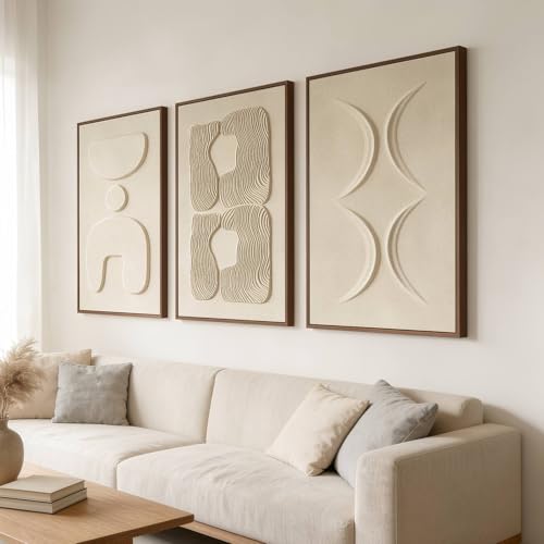 Thalasse Large 3-Piece 3D Textured Wall Art for Living Room, 24x36 Inch | Wabi Sabi Sandstone Relief Panels with Solid Wood Frames, Minimalist Wall Decor for Hallway and Entryways - color: Sand Beige - Walnut Finish Frame, size: 24" x 36" (Set of 3)