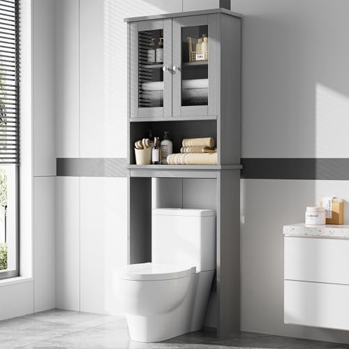 Over the Toilet Storage Cabinet, Bathroom Storage Cabinet Over Toilet, Space Saver with 2 Tempered Glass Doors, Grey - color: Grey, style: Glass Doors