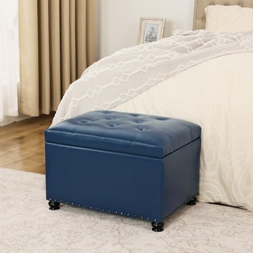 Faux Leather Storage Ottoman Bench Rectangle 24 Inch Foot Rest Ottomans - color: Blue Faux Leather