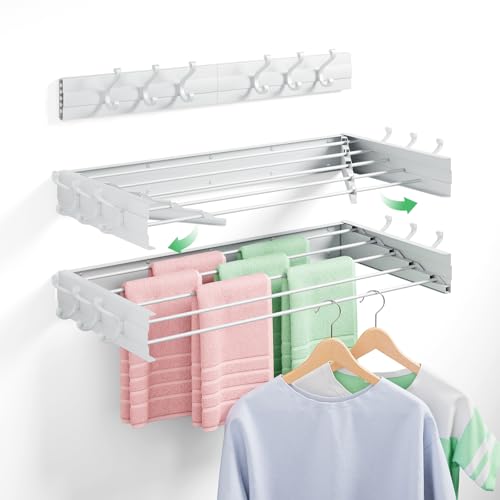 Wall Mounted Drying Rack 31.5", Foldable Clothes Drying Rack with 6 Towel Hooks and 5 Rods for Hanging Clothes, Space Saving Laundry Rack for Indoor Outdoor Bathroom Balcony Laundry Room(31.5") - size: 31.5''