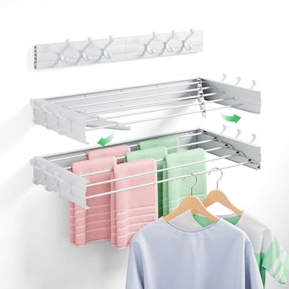 Wall Mounted Drying Rack 31.5", Foldable Clothes Drying Rack with 6 Towel Hooks and 5 Rods for Hanging Clothes, Space Saving Laundry Rack for Indoor Outdoor Bathroom Balcony Laundry Room(31.5") - size: 31.5''
