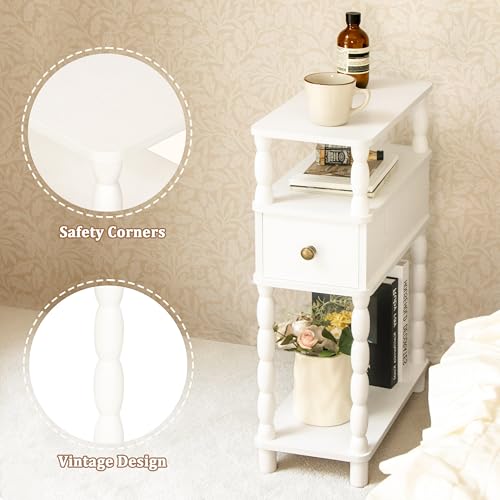 MaxSmeo White Narrow End Table, Small Side Table Living Room, Skinny Bedside Table Nightstand with Drawer for Small Spaces, Bedroom (White) - color: White
