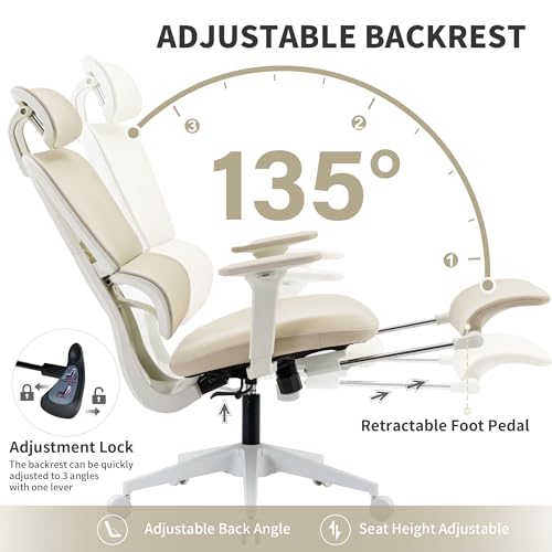 Ergonomic Office Chair with Footrest, 90-135° Reclining High Back Desk Chair with Lumbar Support, 2D Headrest, 2D Armrests, Computer Chair for Long Hours, Cream - color: Beige