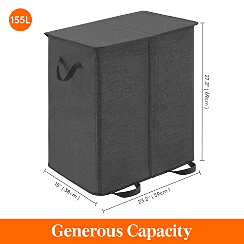 Lifewit Double Laundry Hamper with Lid and Removable Laundry Bags, Large Collapsible 2 Dividers Dirty Clothes Basket with Handles for Bedroom Laundry Room Closet Bathroom College, 155L Black - color: Black, size: 155L