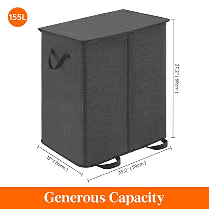 Lifewit Double Laundry Hamper with Lid and Removable Laundry Bags, Large Collapsible 2 Dividers Dirty Clothes Basket with Handles for Bedroom Laundry Room Closet Bathroom College, 155L Black - color: Black, size: 155L
