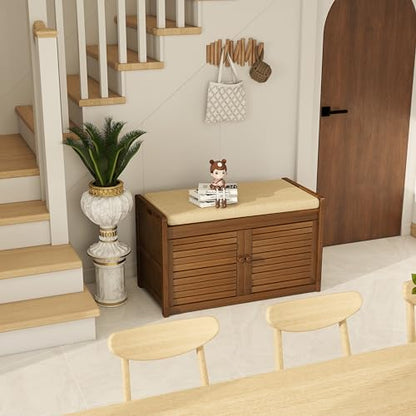 Wilk Shoe Storage Bench, 2-Tier Shoe Cabinet with Padded Seat Cushion, Bamboo Entryway Bench with 2 Doors (31.49’’(L) x13.78’’(W) x18.9''(H)) - size: 31.49" (L) x 13.78" (W) x 18.9" (H)