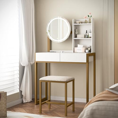 Small Vanity Desk with Mirror and Lights, Makeup Vanity Table with LED Mirror, 3 Lighting Modes, Power Outlet, Drawer, Open Shelves and Cushioned Stool for Bedroom (Gold) - color: Gold