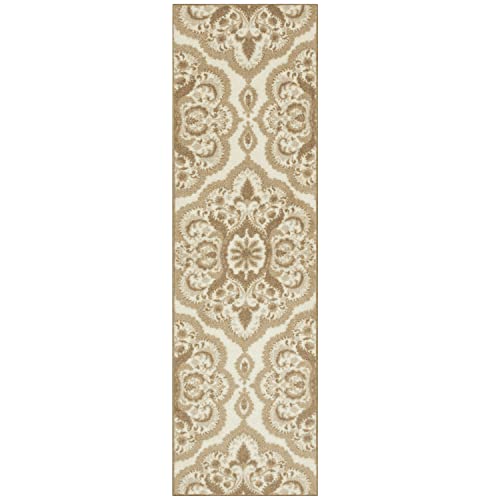 Maples Rugs Vivian Medallion Runner Rug - Made in USA - Washable, Non Slip, Indoor Carpet for Hallway, Kitchen, and Laundry Room, 2' x 6', Beige - color: Beige, size: 2' x 6' (Runner)