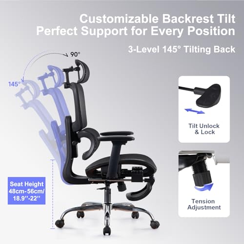 Office Chair with Footrest, Ergonomic Chair with 3D Headrest, Computer Chair with Adjustable Backrest & 3D Armrest, Gaming Chair with Adaptive Lumbar Support, Mesh Backrest & Cushion, Black - color: Black, style: Lite