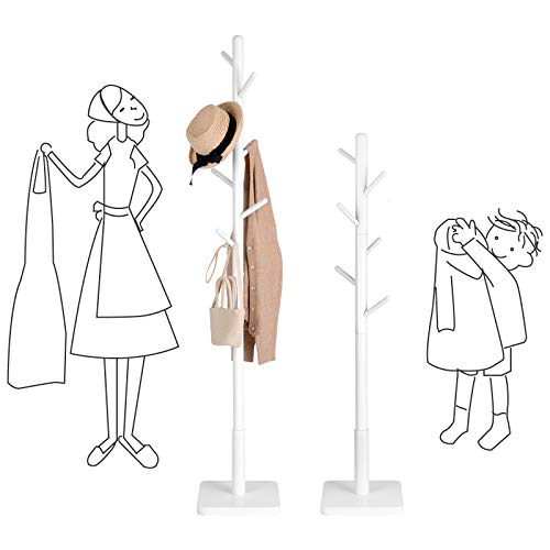 VASAGLE Solid Wood Coat Rack, Free Standing Hall Coat Tree with 8 Hooks, 3 Height Options, for Coats, Hats, Bags, Purses, for Entryway, Hallway, Rubberwood Hooks and Pole, Cloud White URCR010W02 - color: Cloud White, style: Square Base + Cylindrical Hooks
