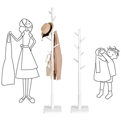 VASAGLE Solid Wood Coat Rack, Free Standing Hall Coat Tree with 8 Hooks, 3 Height Options, for Coats, Hats, Bags, Purses, for Entryway, Hallway, Rubberwood Hooks and Pole, Cloud White URCR010W02 - color: Cloud White, style: Square Base + Cylindrical Hooks