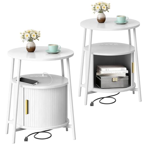 DHH Round End Tables Set of 2 & Charging Station, Fluted Accent Side Table with Sliding Door, Mid-Century Modern Nightstand Set of 2 for Small Space Storage, Living Room, Bedroom,Sofa Couch(2, White) - color: Grayish White