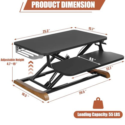 Height Adjustable Standing Desk Converter with Keyboard Tray, 26x16 Inch, Sit to Stand Desk Riser with Elegant Side Cover and Wooden Feet, Compact Monitor and Laptop Riser for Home & Office, Black