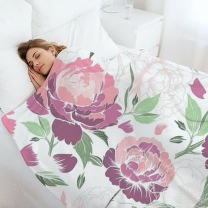 Pastel Pink Peony Flower Flannel Throw Blanket Soft Warm Cozy Throw for Women Mothers Blankets Decor Gifts for Bed Couch Sofa 40 X 50 Inch - size: 40 × 50 inch