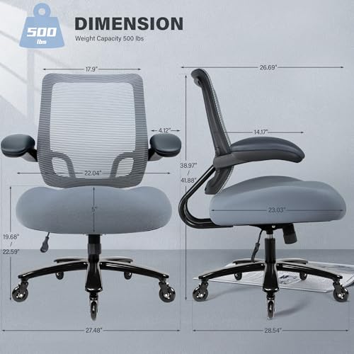 Kassipo Big and Tall Office Chair with Flip-Up Armrests, Grey | 500LBS Capacity, Spring-Reinforced Memory Foam Seat & Heavy-Duty Base - color: Grey